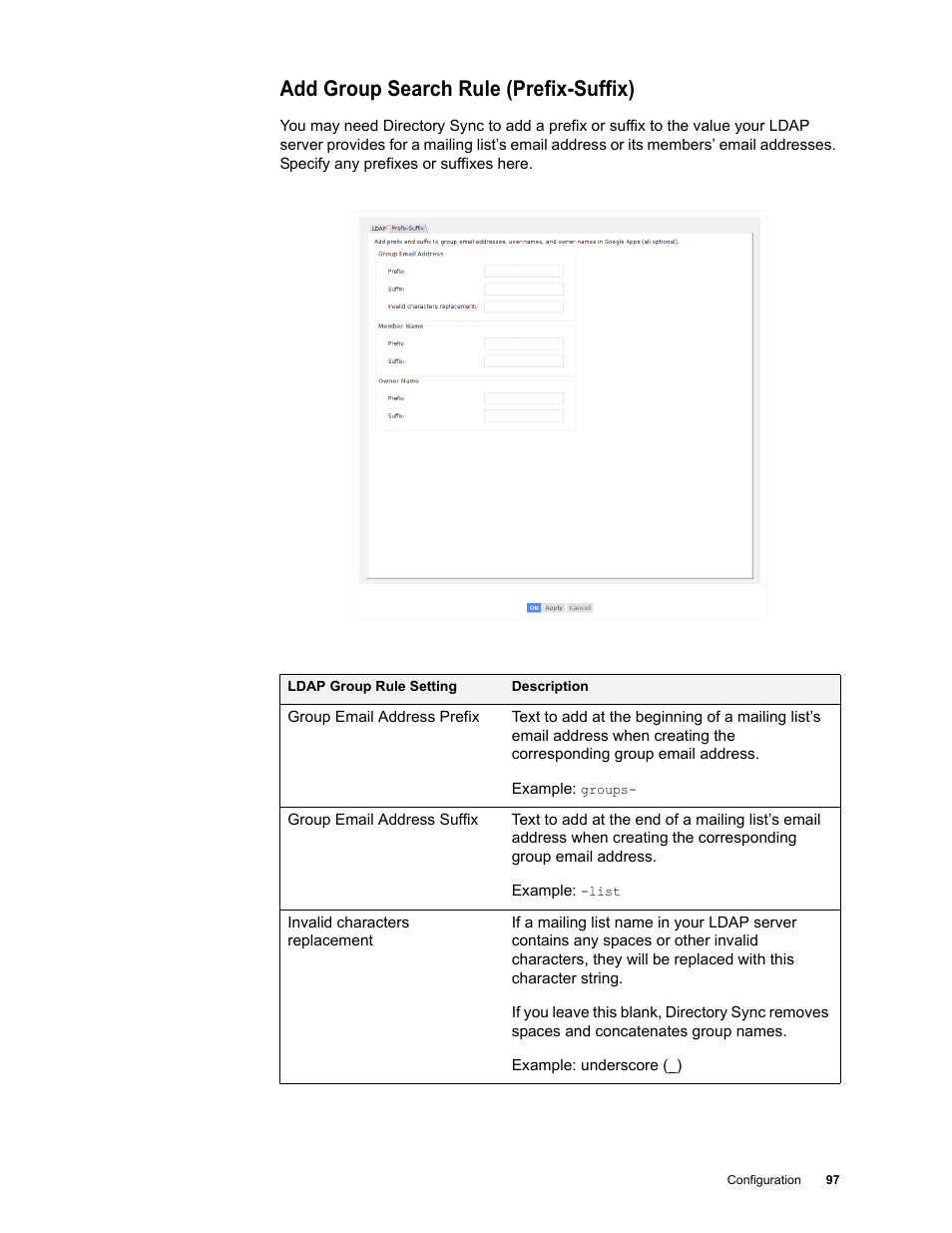 Add group search rule (prefix-suffix) | Google Apps Directory Sync Administration Guide User Manual | Page 97 / 146