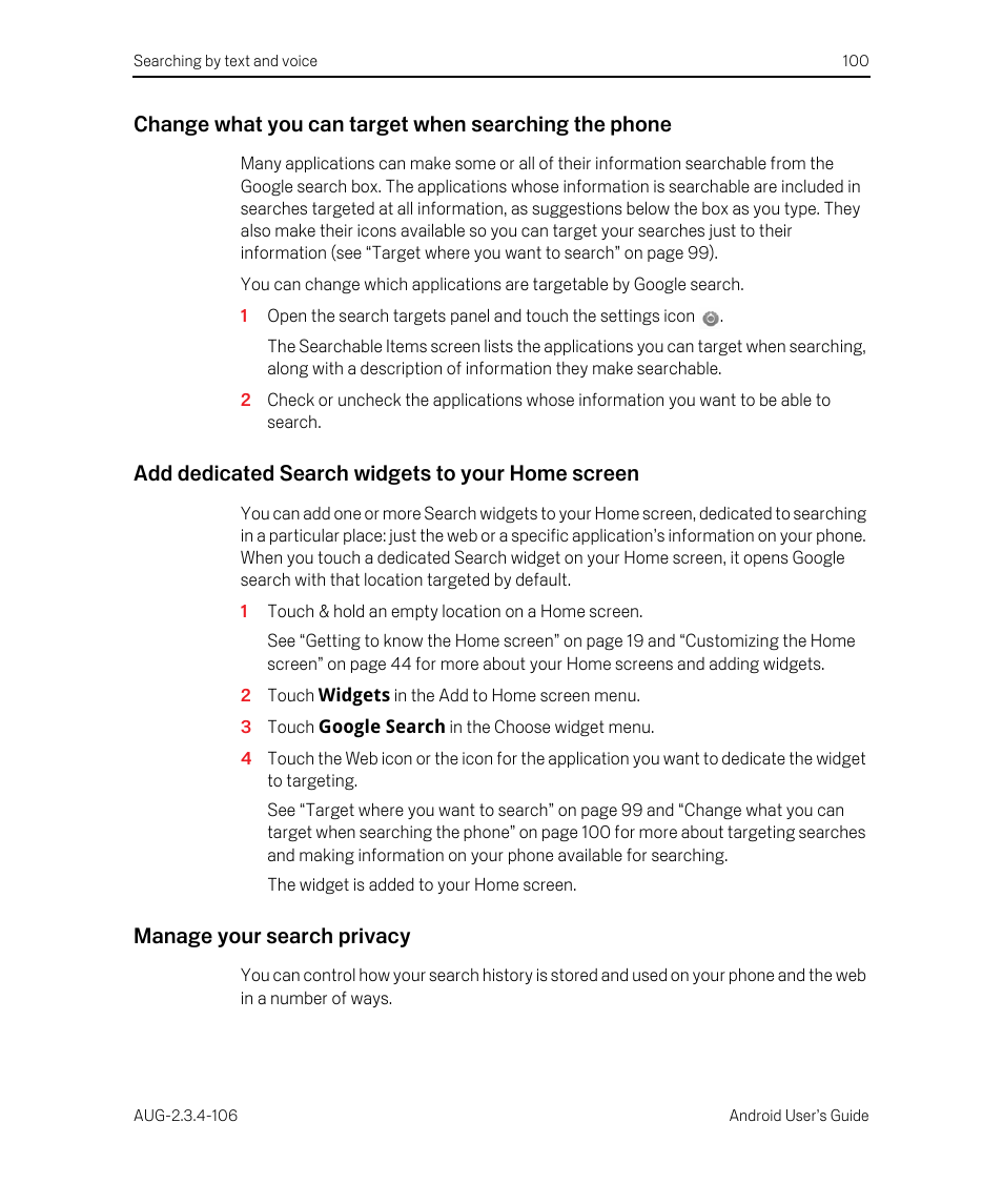 Add dedicated search widgets to your home screen, Manage your search privacy | Google Android 2.3.4 Users Guide User Manual | Page 100 / 384