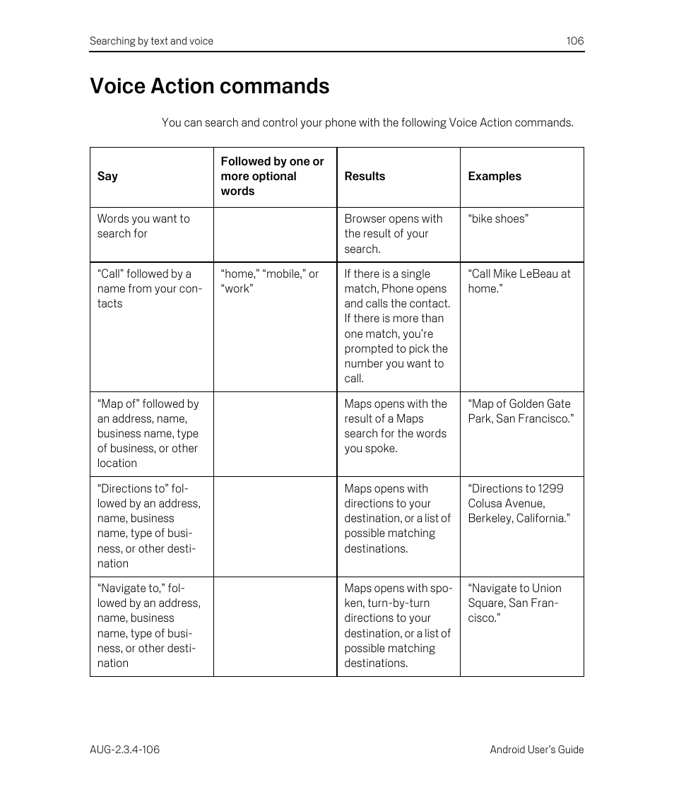 Voice action commands, Voice action commands 106 | Google Android 2.3.4 Users Guide User Manual | Page 106 / 384