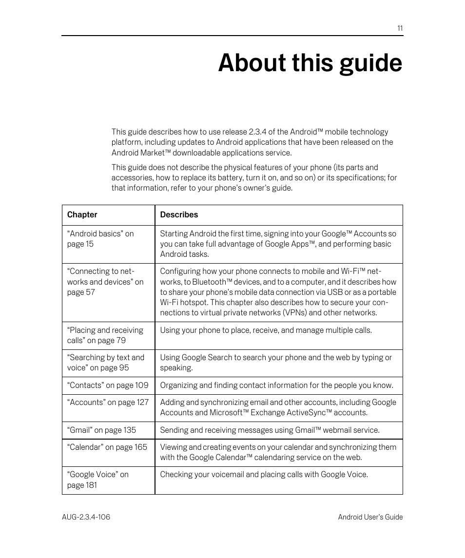 About this guide, About this guide 11 | Google Android 2.3.4 Users Guide User Manual | Page 11 / 384