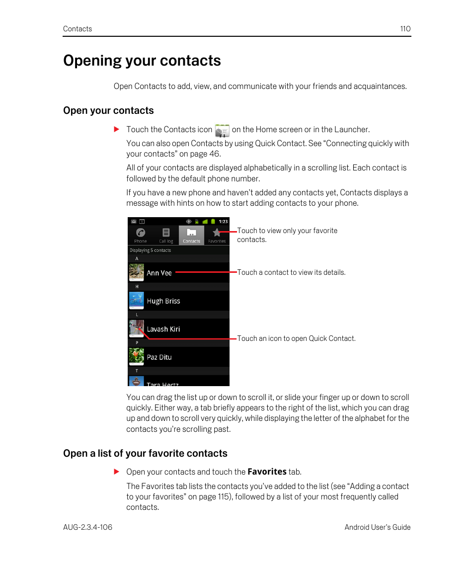 Opening your contacts, Open your contacts, Open a list of your favorite contacts | Opening your contacts 110 | Google Android 2.3.4 Users Guide User Manual | Page 110 / 384