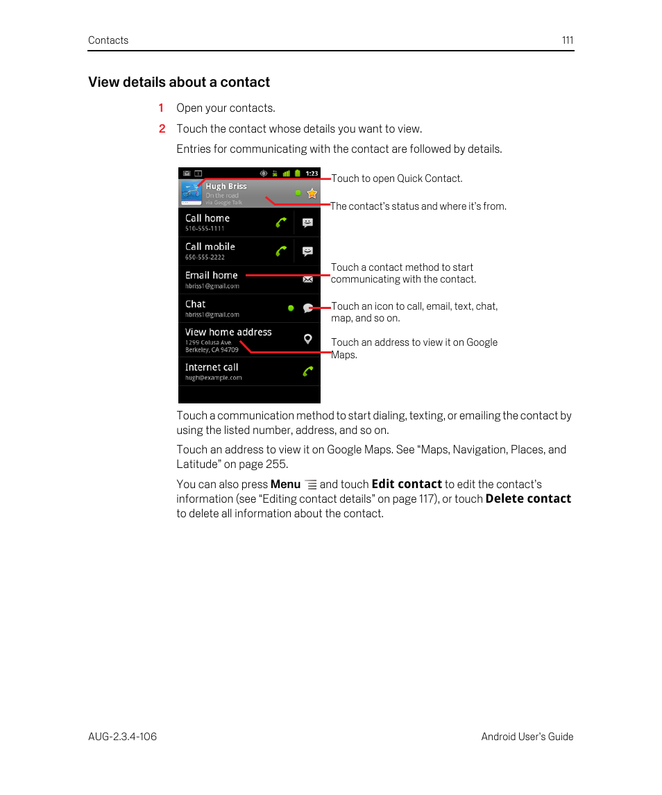 View details about a contact | Google Android 2.3.4 Users Guide User Manual | Page 111 / 384