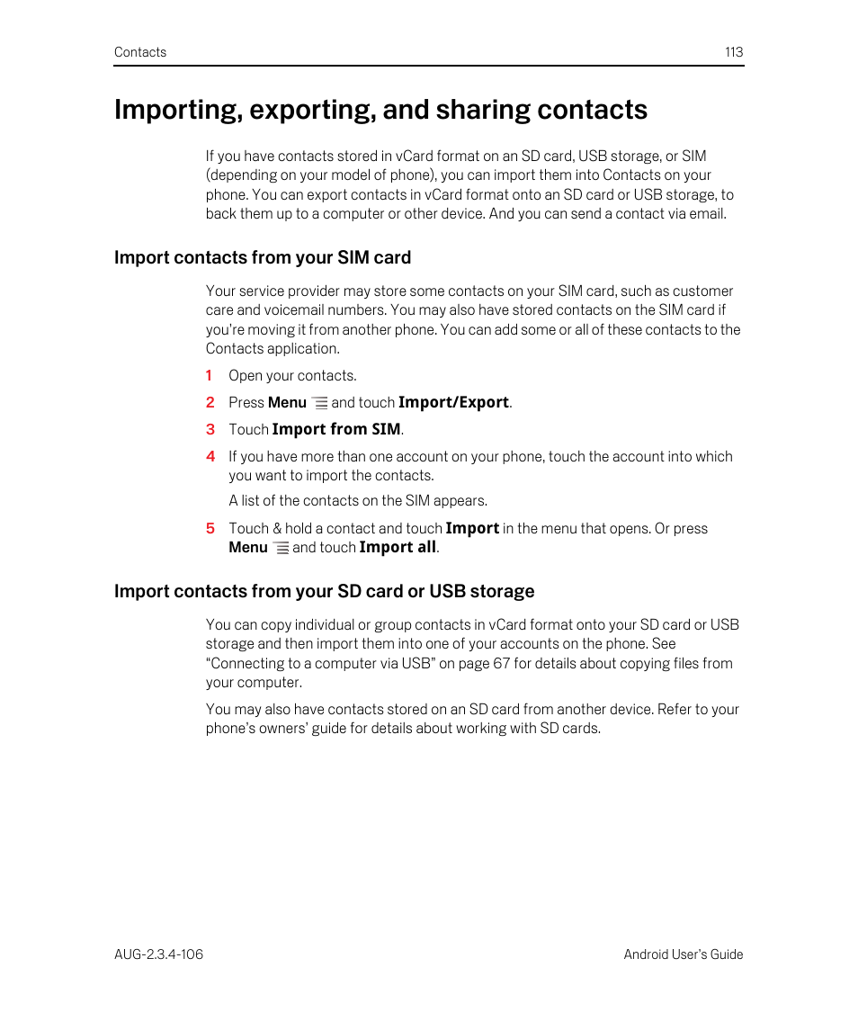 Importing, exporting, and sharing contacts, Import contacts from your sim card, Import contacts from your sd card or usb storage | Importing, exporting, and sharing contacts 113 | Google Android 2.3.4 Users Guide User Manual | Page 113 / 384
