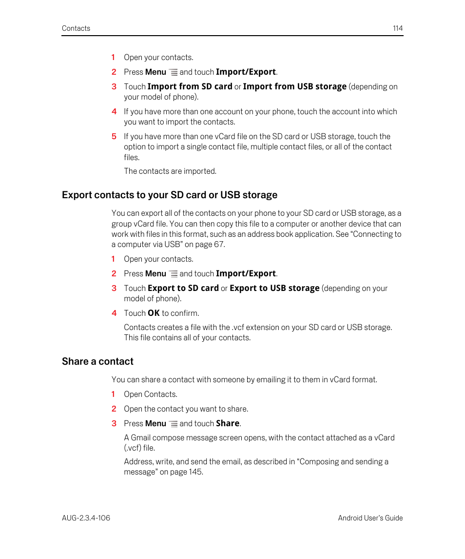 Export contacts to your sd card or usb storage, Share a contact | Google Android 2.3.4 Users Guide User Manual | Page 114 / 384