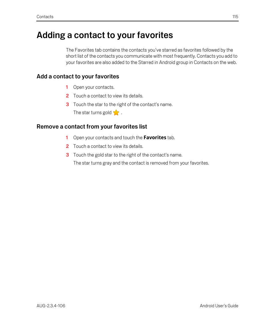 Adding a contact to your favorites, Add a contact to your favorites, Remove a contact from your favorites list | Adding a contact to your favorites 115 | Google Android 2.3.4 Users Guide User Manual | Page 115 / 384