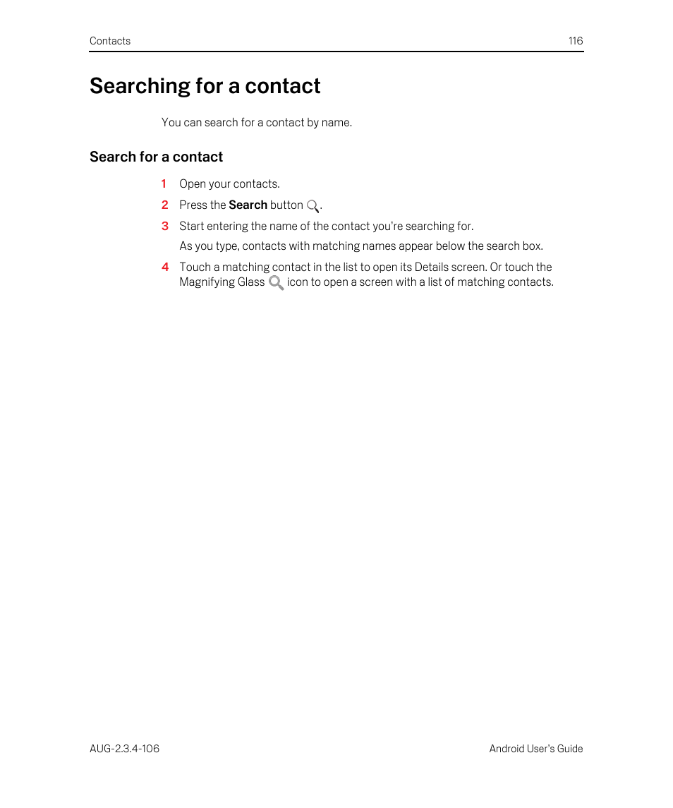 Searching for a contact, Search for a contact, Searching for a contact 116 | Google Android 2.3.4 Users Guide User Manual | Page 116 / 384