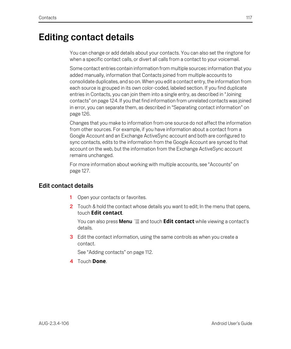 Editing contact details, Edit contact details, Editing contact details 117 | Google Android 2.3.4 Users Guide User Manual | Page 117 / 384