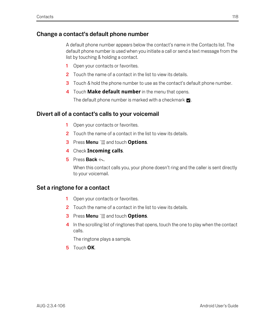 Change a contact’s default phone number, Divert all of a contact’s calls to your voicemail, Set a ringtone for a contact | Google Android 2.3.4 Users Guide User Manual | Page 118 / 384