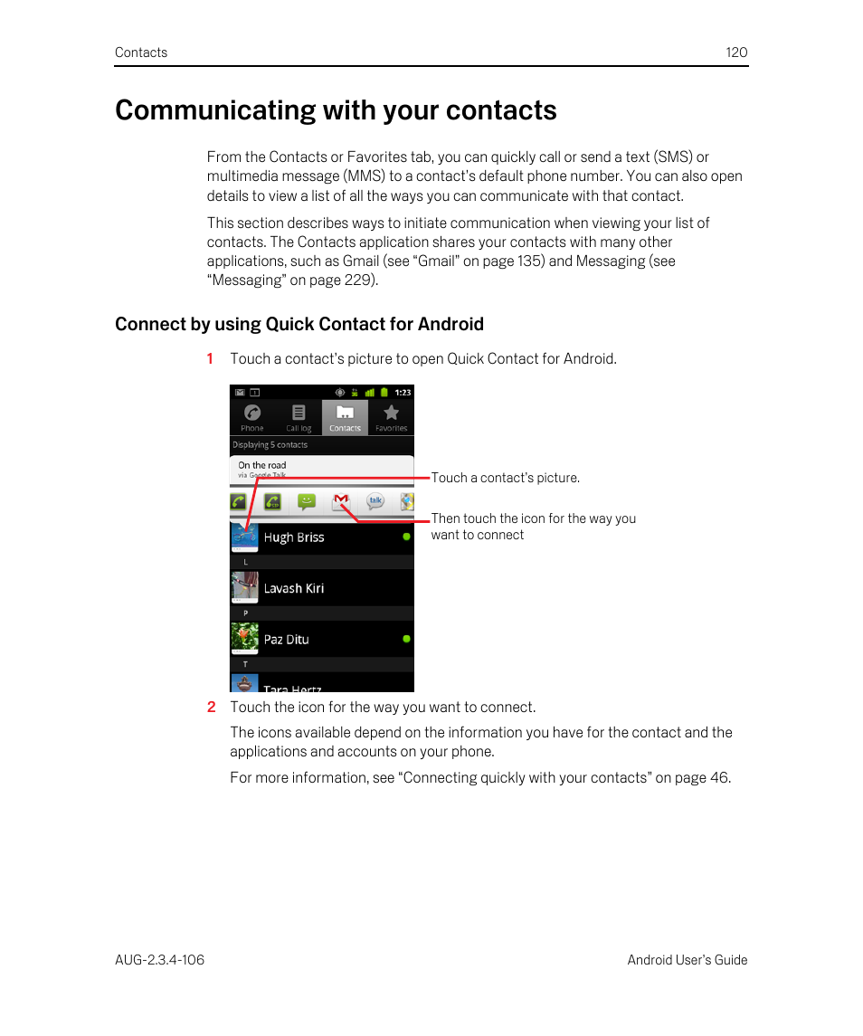 Communicating with your contacts, Connect by using quick contact for android, Communicating with your contacts 120 | Google Android 2.3.4 Users Guide User Manual | Page 120 / 384