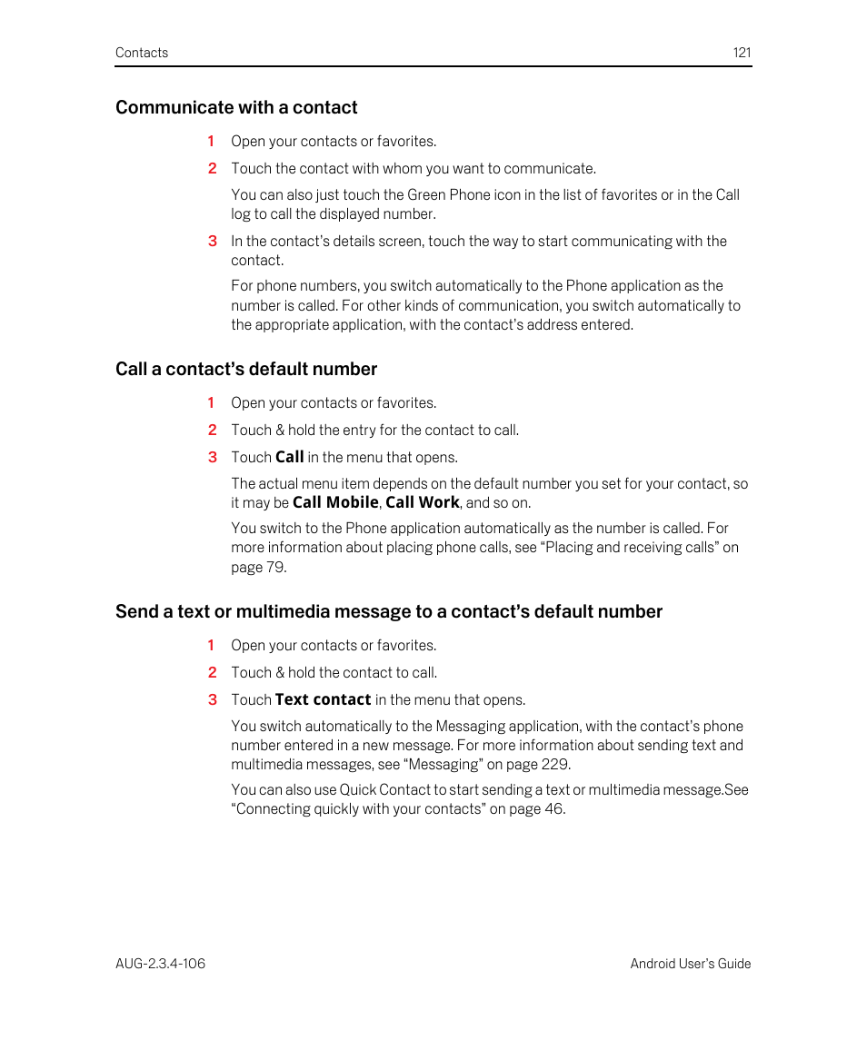 Communicate with a contact, Call a contact’s default number | Google Android 2.3.4 Users Guide User Manual | Page 121 / 384