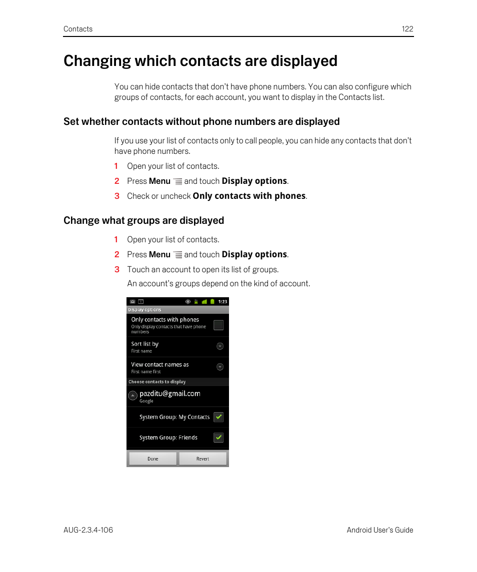 Changing which contacts are displayed, Change what groups are displayed, Changing which contacts are displayed 122 | Google Android 2.3.4 Users Guide User Manual | Page 122 / 384