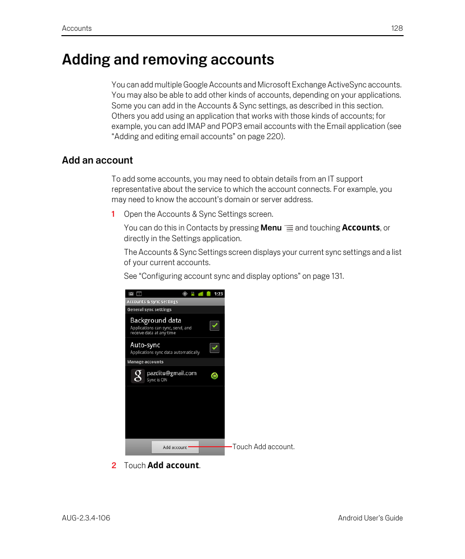 Adding and removing accounts, Add an account, Adding and removing accounts 128 | Google Android 2.3.4 Users Guide User Manual | Page 128 / 384