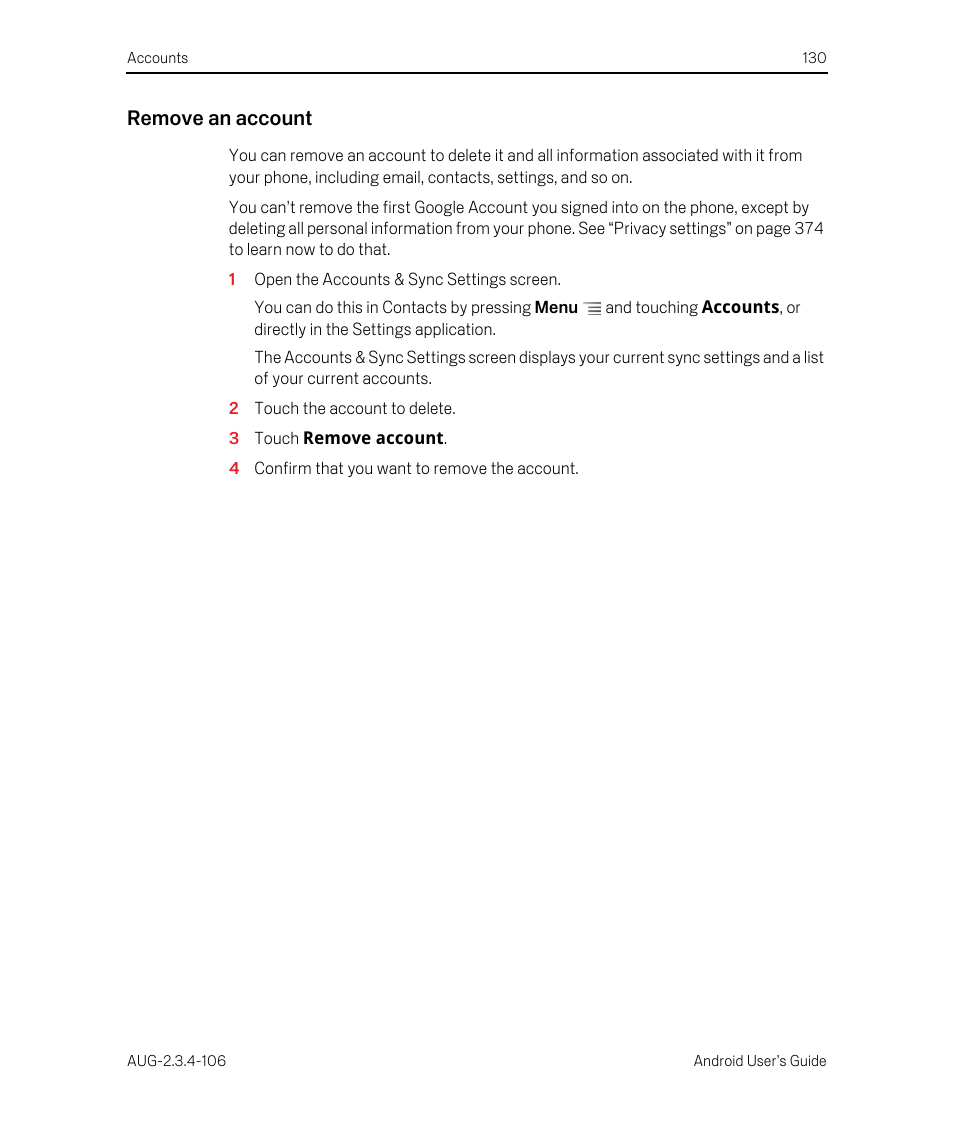 Remove an account | Google Android 2.3.4 Users Guide User Manual | Page 130 / 384