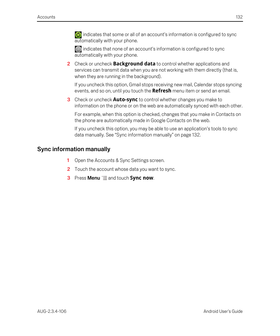 Sync information manually | Google Android 2.3.4 Users Guide User Manual | Page 132 / 384