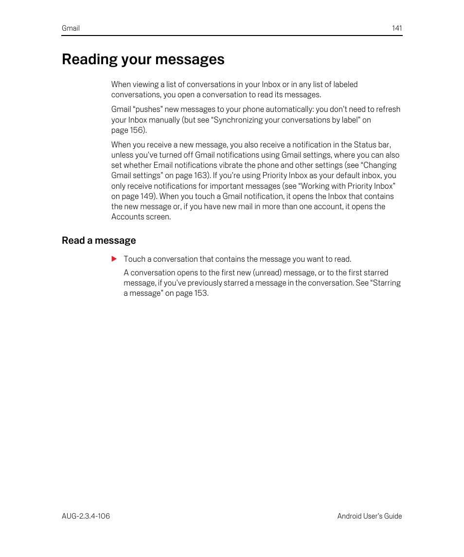 Reading your messages, Read a message, Reading your messages 141 | Google Android 2.3.4 Users Guide User Manual | Page 141 / 384