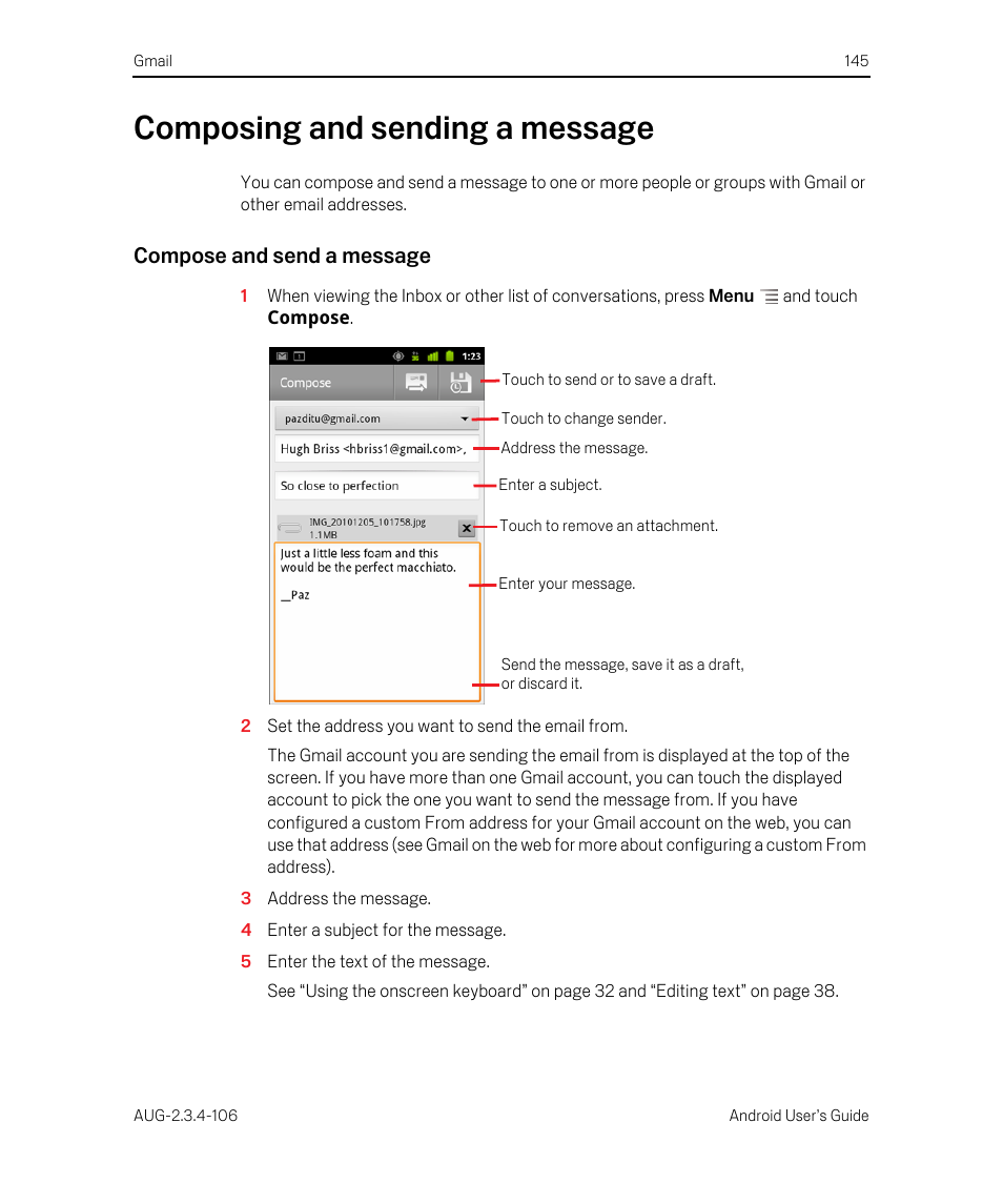 Composing and sending a message, Compose and send a message, Composing and sending a message 145 | Google Android 2.3.4 Users Guide User Manual | Page 145 / 384