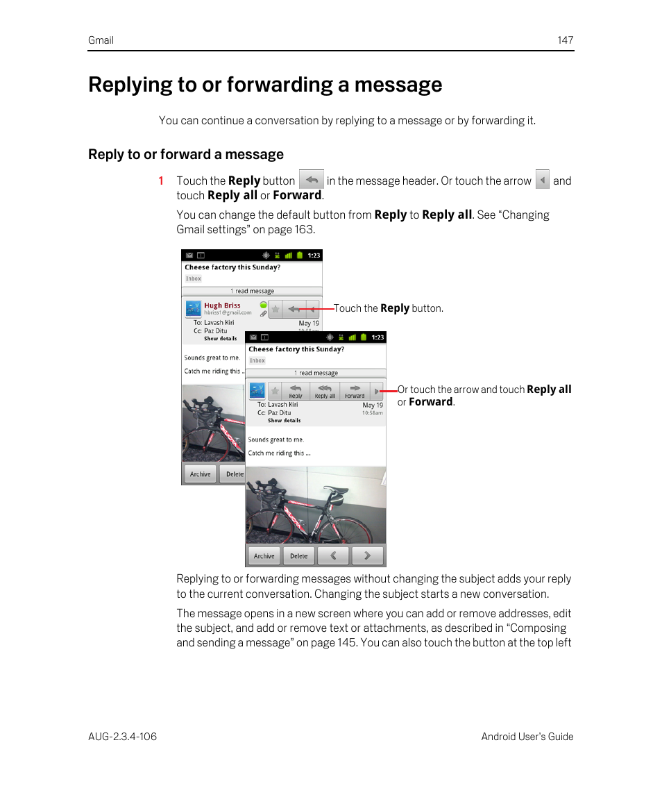 Replying to or forwarding a message, Reply to or forward a message, Replying to or forwarding a message 147 | Google Android 2.3.4 Users Guide User Manual | Page 147 / 384