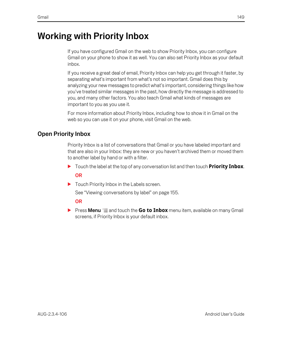 Working with priority inbox, Open priority inbox, Working with priority inbox 149 | Google Android 2.3.4 Users Guide User Manual | Page 149 / 384