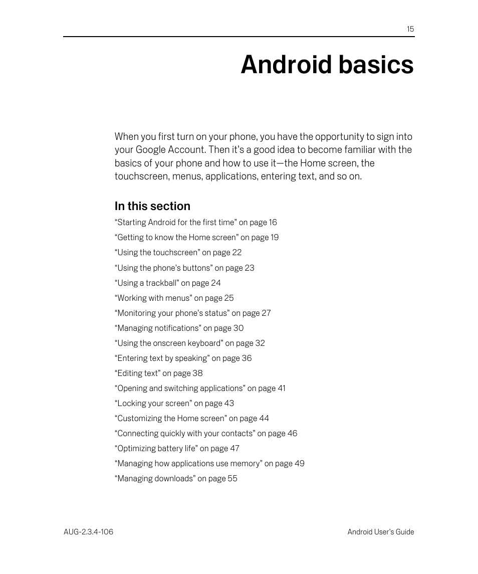 Android basics, Android basics 15 | Google Android 2.3.4 Users Guide User Manual | Page 15 / 384