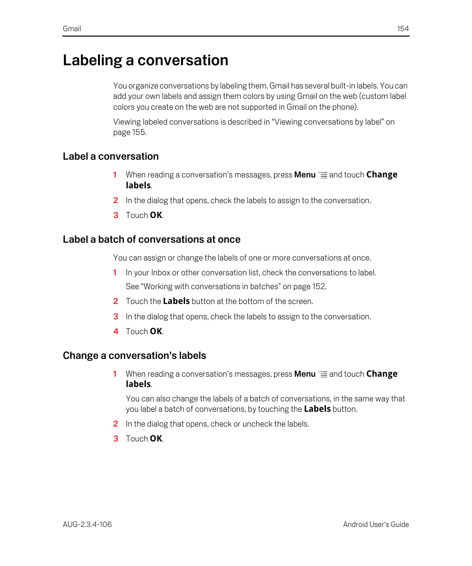 Labeling a conversation, Label a conversation, Label a batch of conversations at once | Change a conversation’s labels, Labeling a conversation 154 | Google Android 2.3.4 Users Guide User Manual | Page 154 / 384