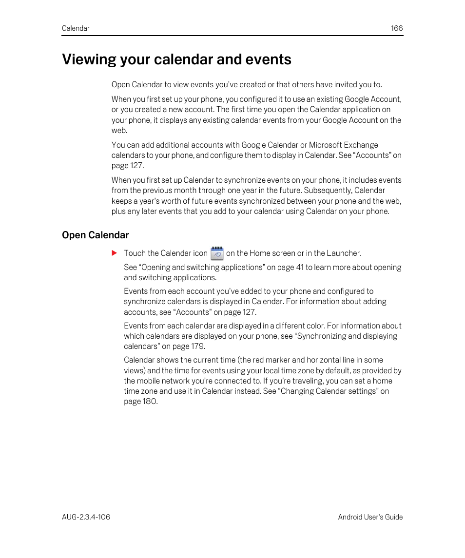 Viewing your calendar and events, Open calendar, Viewing your calendar and events 166 | Google Android 2.3.4 Users Guide User Manual | Page 166 / 384