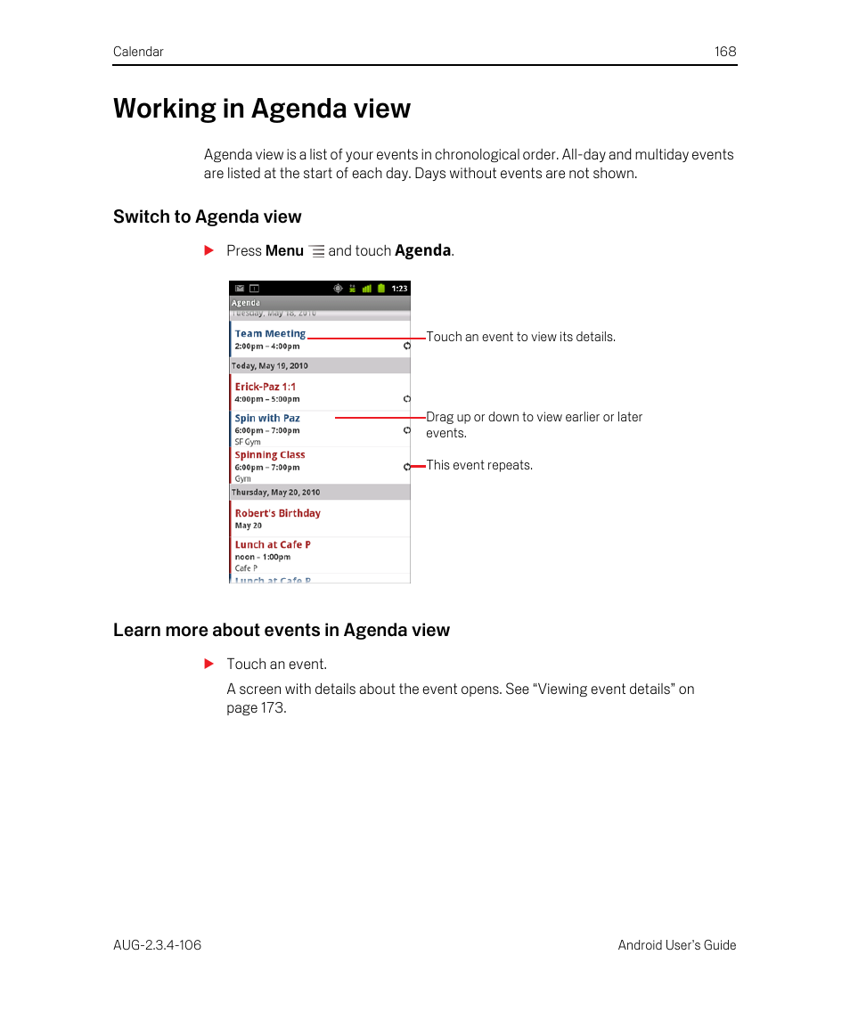 Working in agenda view, Switch to agenda view, Learn more about events in agenda view | Working in agenda view 168 | Google Android 2.3.4 Users Guide User Manual | Page 168 / 384