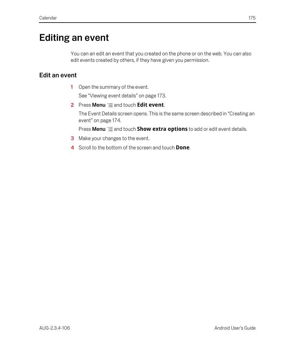 Editing an event, Edit an event, Editing an event 175 | Google Android 2.3.4 Users Guide User Manual | Page 175 / 384