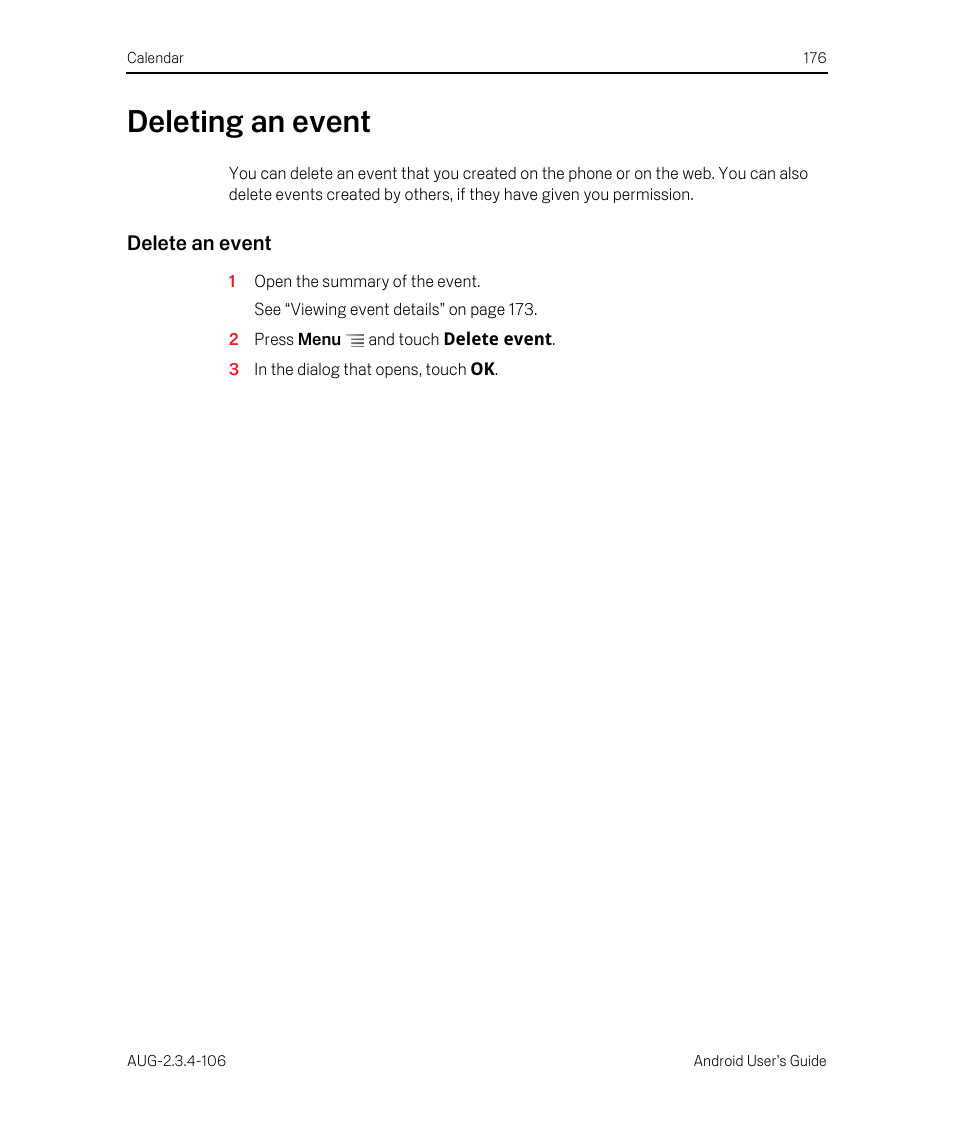 Deleting an event, Delete an event, Deleting an event 176 | Google Android 2.3.4 Users Guide User Manual | Page 176 / 384