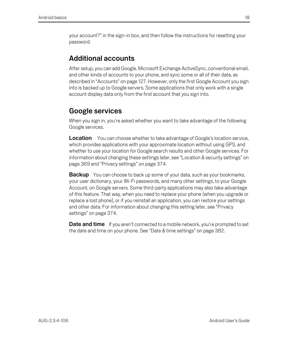 Additional accounts, Google services, Location | Backup, Date and time, Additional accounts 18 google services 18 | Google Android 2.3.4 Users Guide User Manual | Page 18 / 384