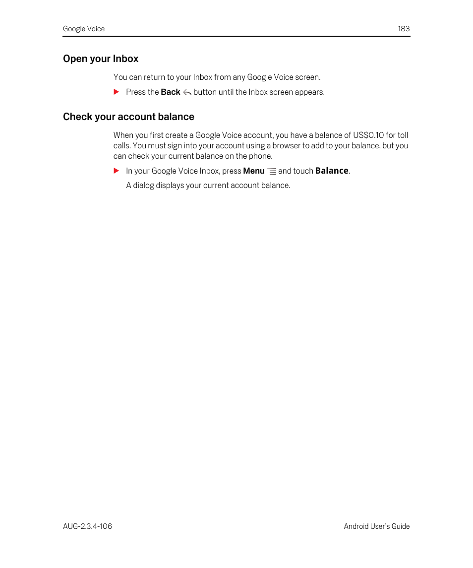 Open your inbox, Check your account balance | Google Android 2.3.4 Users Guide User Manual | Page 183 / 384