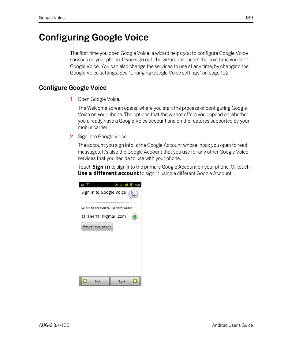 Configuring google voice, Configure google voice, Configuring google voice 189 | Google Android 2.3.4 Users Guide User Manual | Page 189 / 384