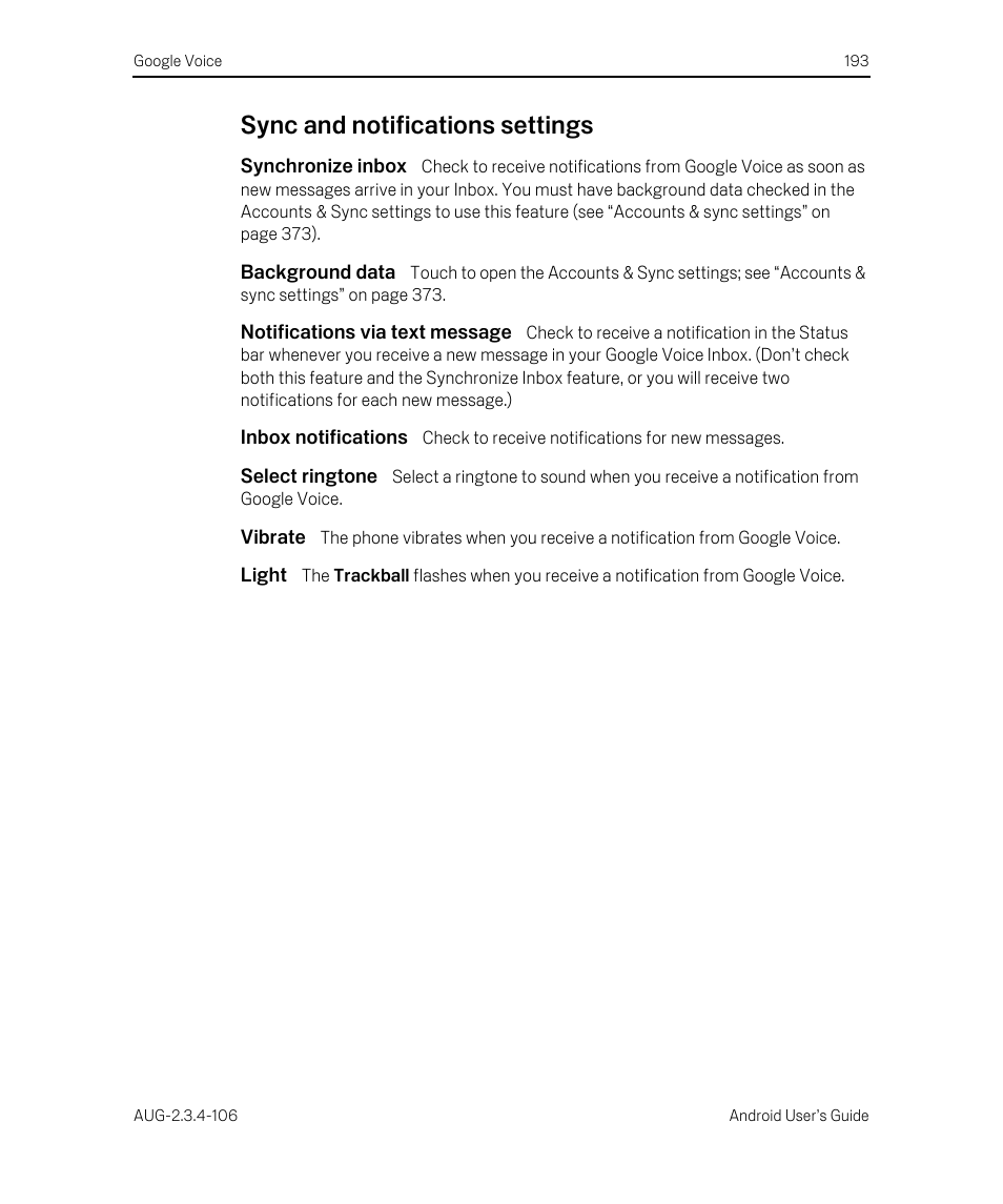 Sync and notifications settings, Synchronize inbox, Background data | Notifications via text message, Inbox notifications, Select ringtone, Vibrate, Light, Sync and notifications settings 193 | Google Android 2.3.4 Users Guide User Manual | Page 193 / 384