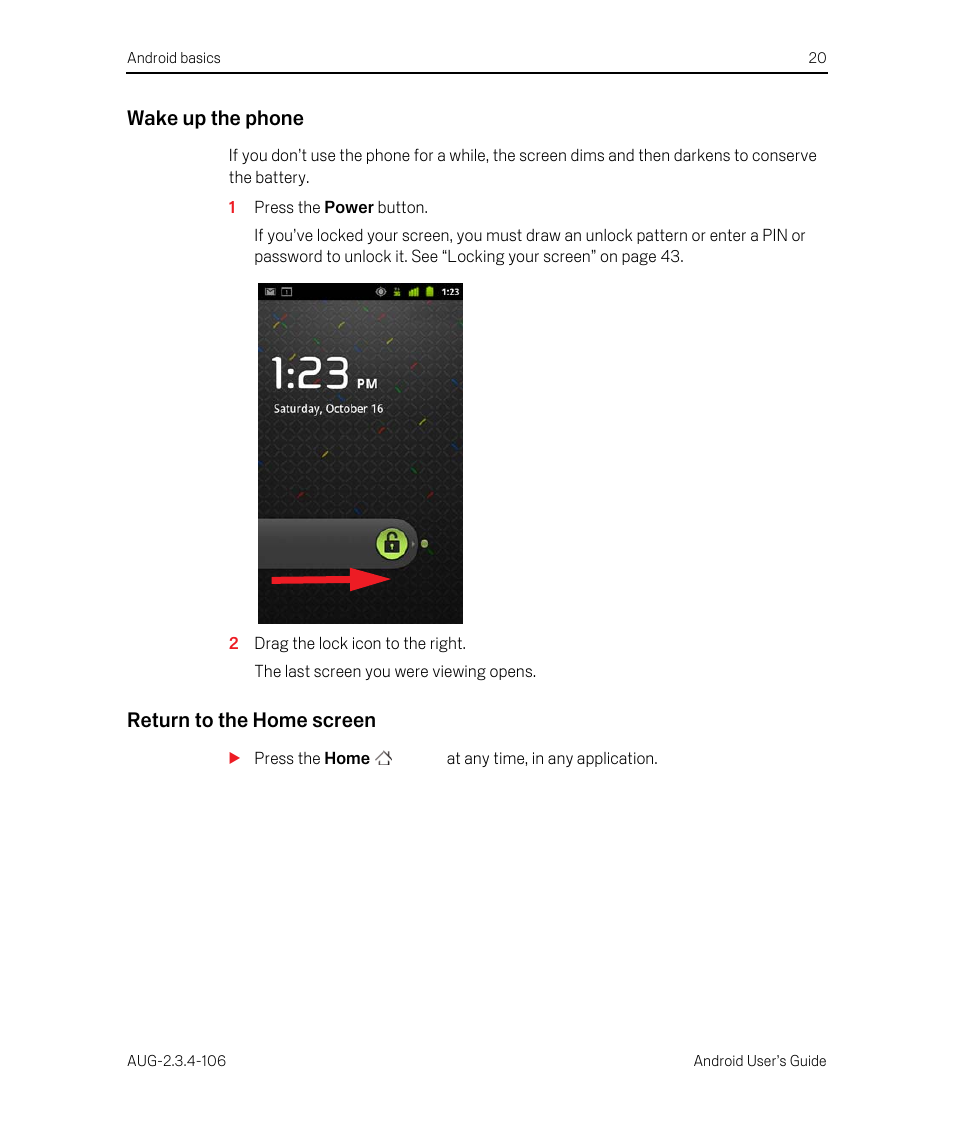 Wake up the phone, Return to the home screen | Google Android 2.3.4 Users Guide User Manual | Page 20 / 384