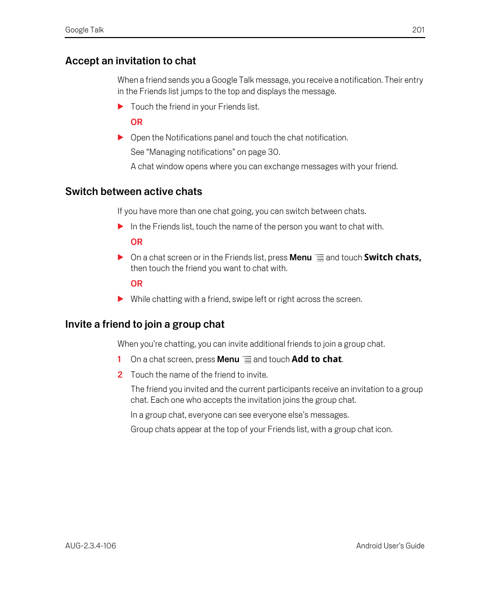 Accept an invitation to chat, Switch between active chats, Invite a friend to join a group chat | Google Android 2.3.4 Users Guide User Manual | Page 201 / 384