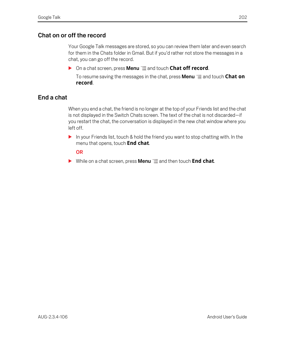 Chat on or off the record, End a chat | Google Android 2.3.4 Users Guide User Manual | Page 202 / 384