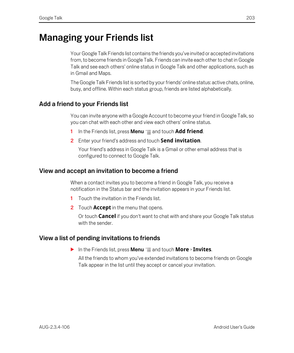 Managing your friends list, Add a friend to your friends list, View and accept an invitation to become a friend | View a list of pending invitations to friends, Managing your friends list 203 | Google Android 2.3.4 Users Guide User Manual | Page 203 / 384