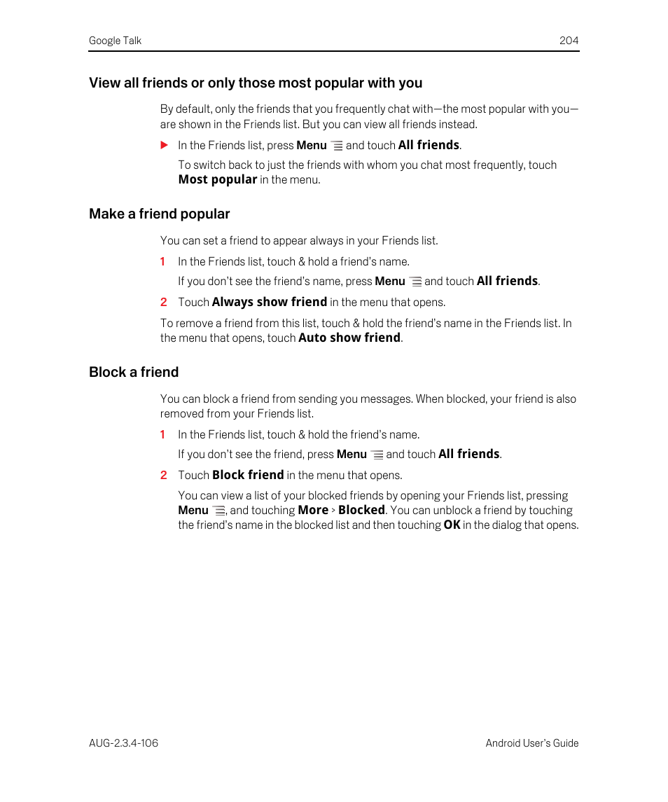 Make a friend popular, Block a friend | Google Android 2.3.4 Users Guide User Manual | Page 204 / 384