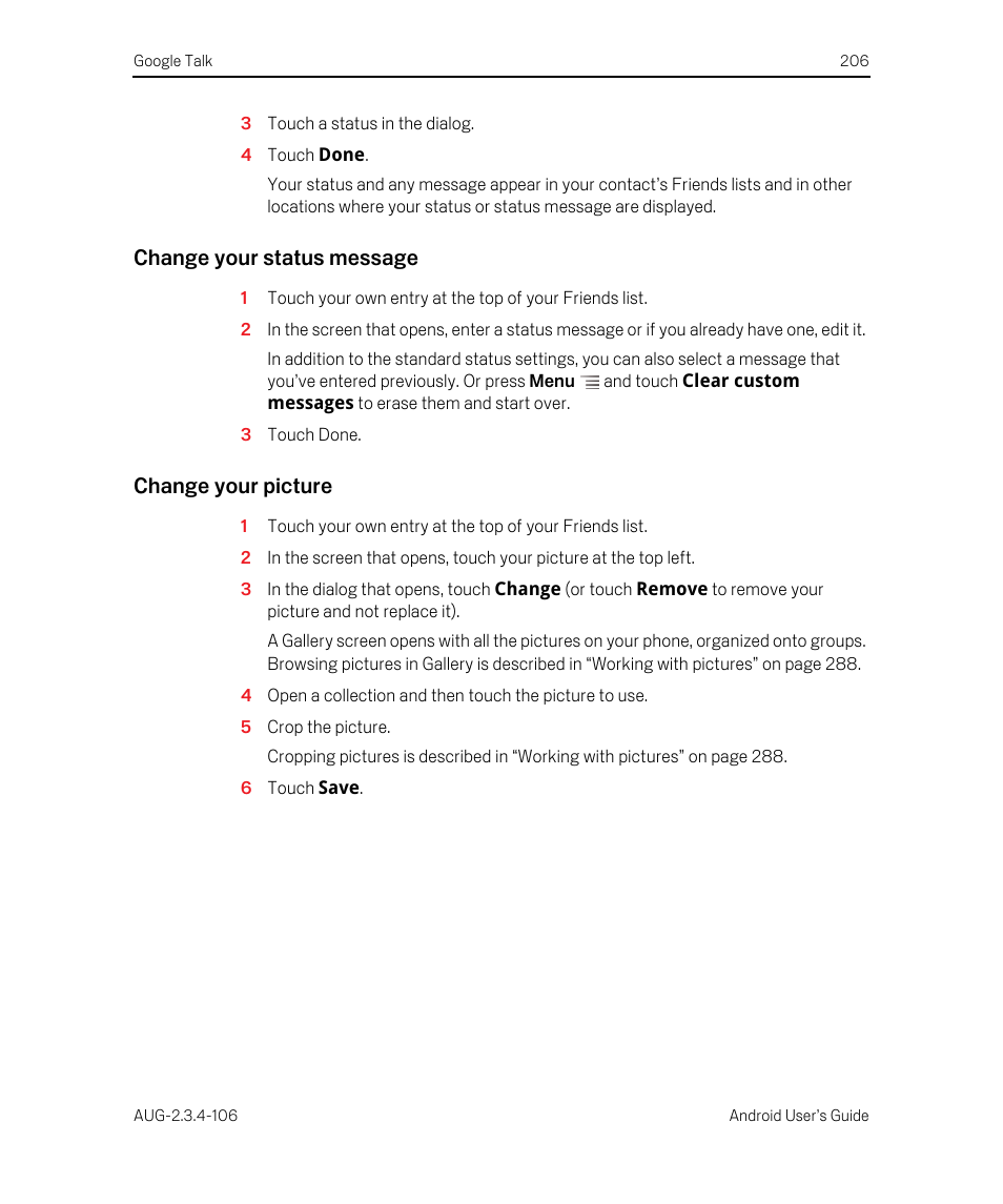 Change your status message, Change your picture | Google Android 2.3.4 Users Guide User Manual | Page 206 / 384