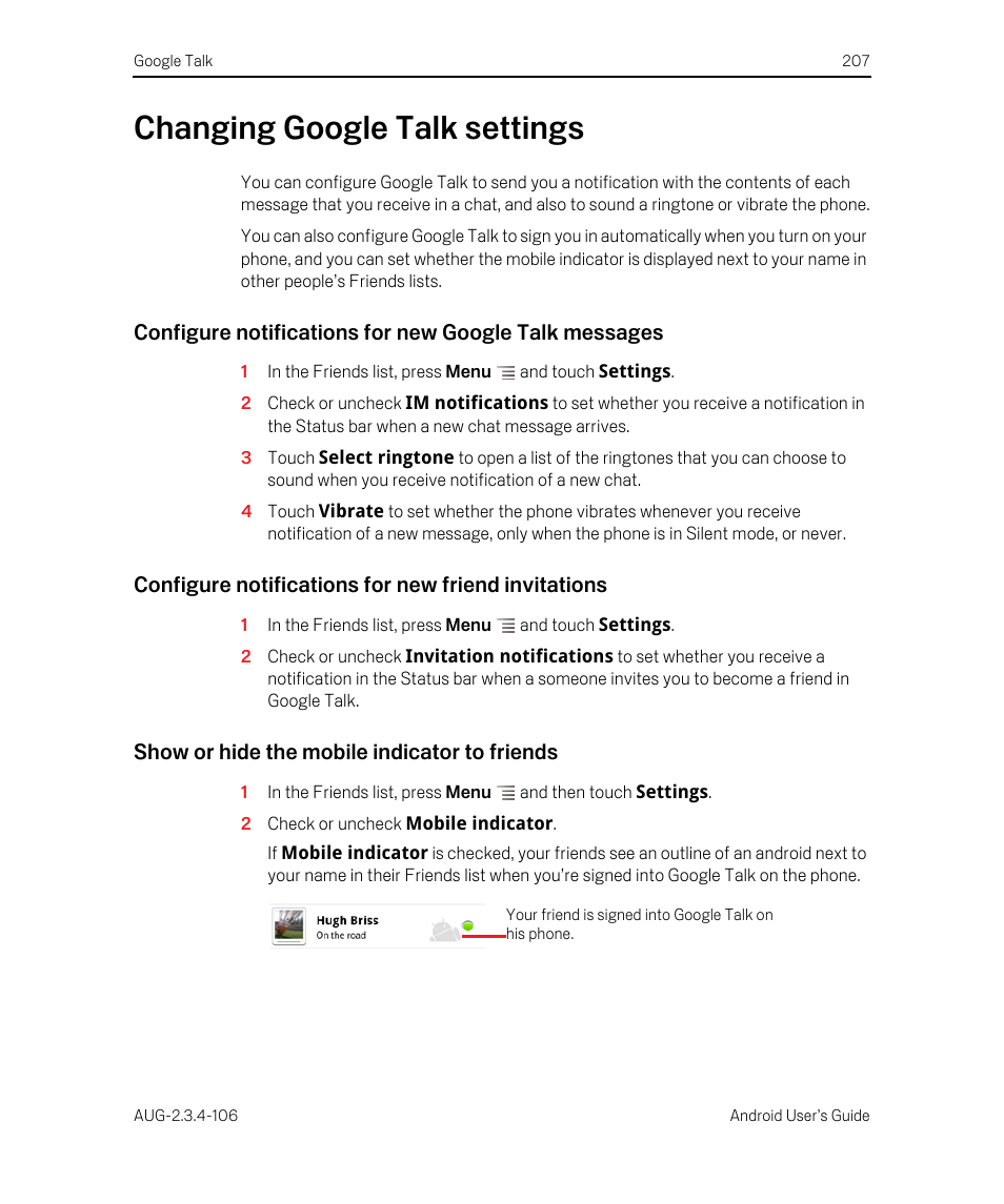 Changing google talk settings, Configure notifications for new friend invitations, Show or hide the mobile indicator to friends | Changing google talk settings 207 | Google Android 2.3.4 Users Guide User Manual | Page 207 / 384