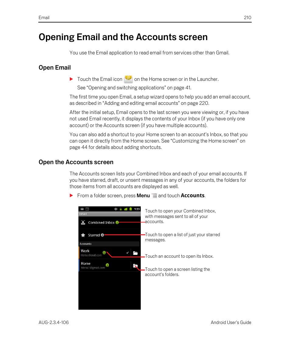 Opening email and the accounts screen, Open email, Open the accounts screen | Opening email and the accounts screen 210 | Google Android 2.3.4 Users Guide User Manual | Page 210 / 384