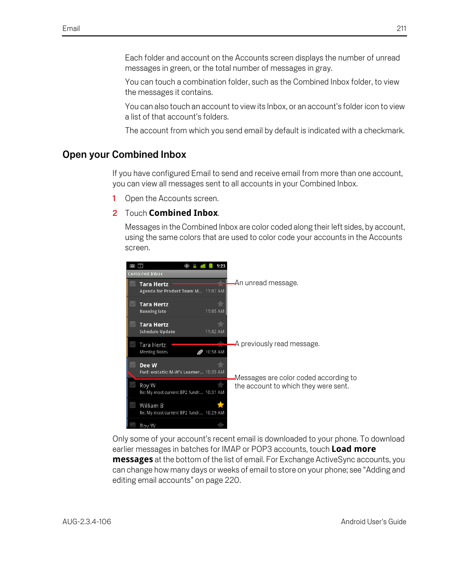 Open your combined inbox | Google Android 2.3.4 Users Guide User Manual | Page 211 / 384