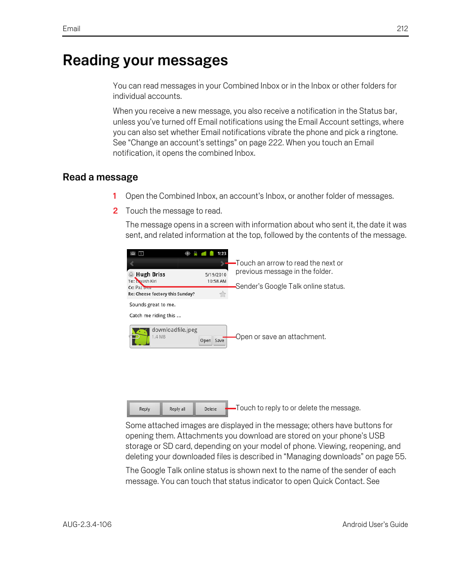 Reading your messages, Read a message, Reading your messages 212 | Google Android 2.3.4 Users Guide User Manual | Page 212 / 384