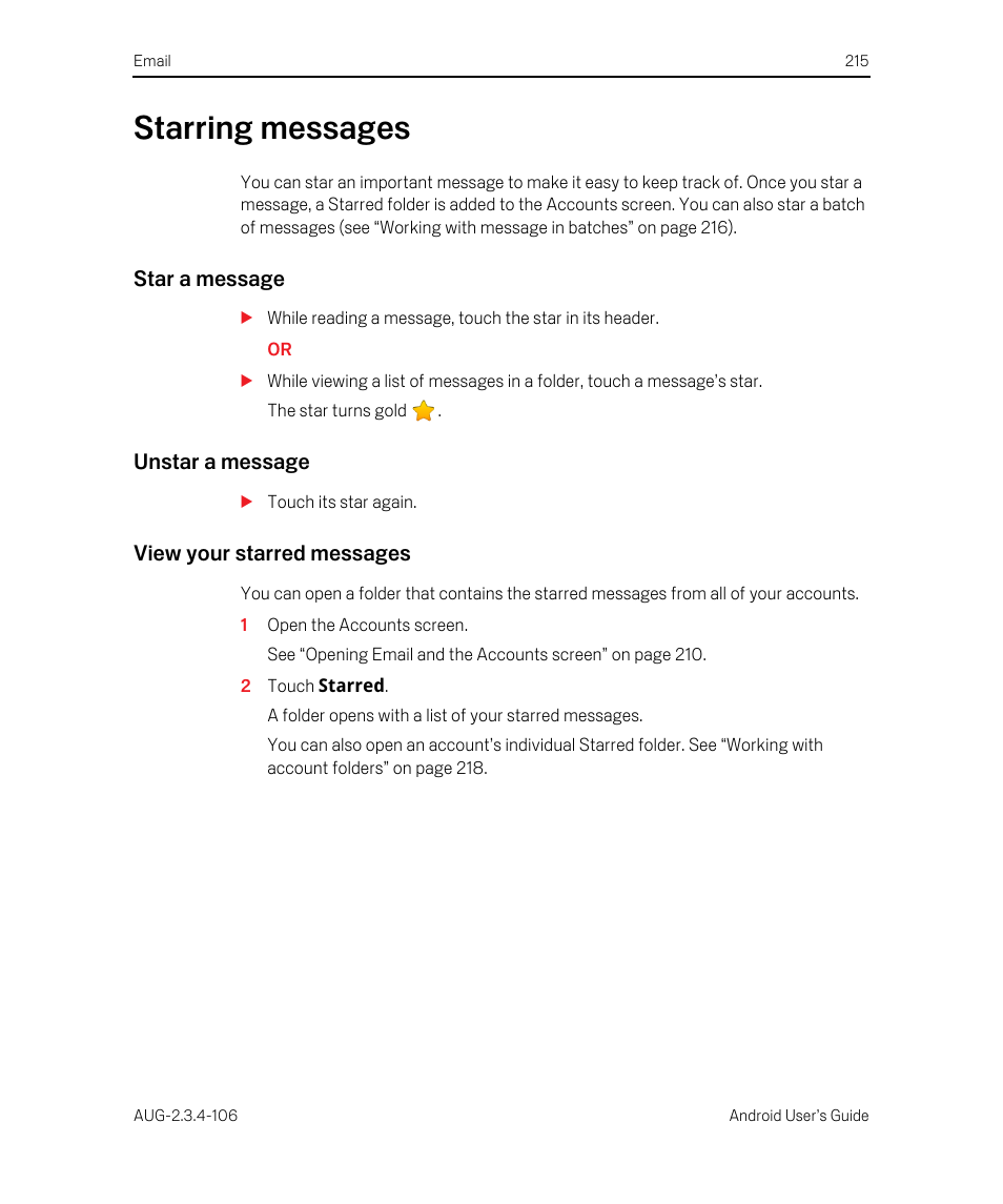 Starring messages, Star a message, Unstar a message | View your starred messages, Starring messages 215 | Google Android 2.3.4 Users Guide User Manual | Page 215 / 384