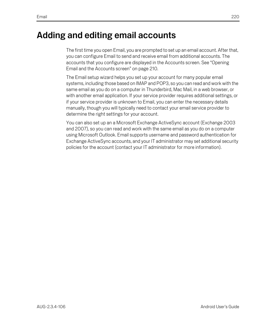 Adding and editing email accounts, Adding and editing email accounts 220 | Google Android 2.3.4 Users Guide User Manual | Page 220 / 384
