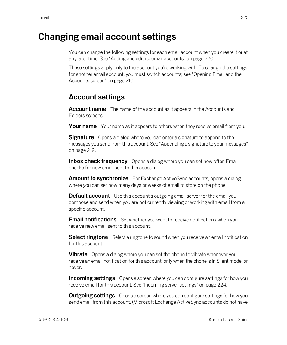 Changing email account settings, Account settings, Account name | Your name, Signature, Inbox check frequency, Amount to synchronize, Default account, Email notifications, Select ringtone | Google Android 2.3.4 Users Guide User Manual | Page 223 / 384