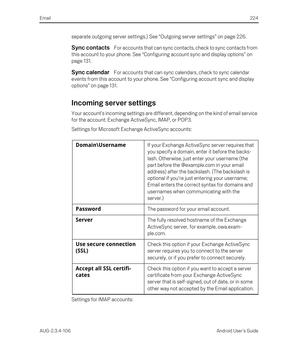 Sync contacts, Sync calendar, Incoming server settings | Incoming server settings 224 | Google Android 2.3.4 Users Guide User Manual | Page 224 / 384
