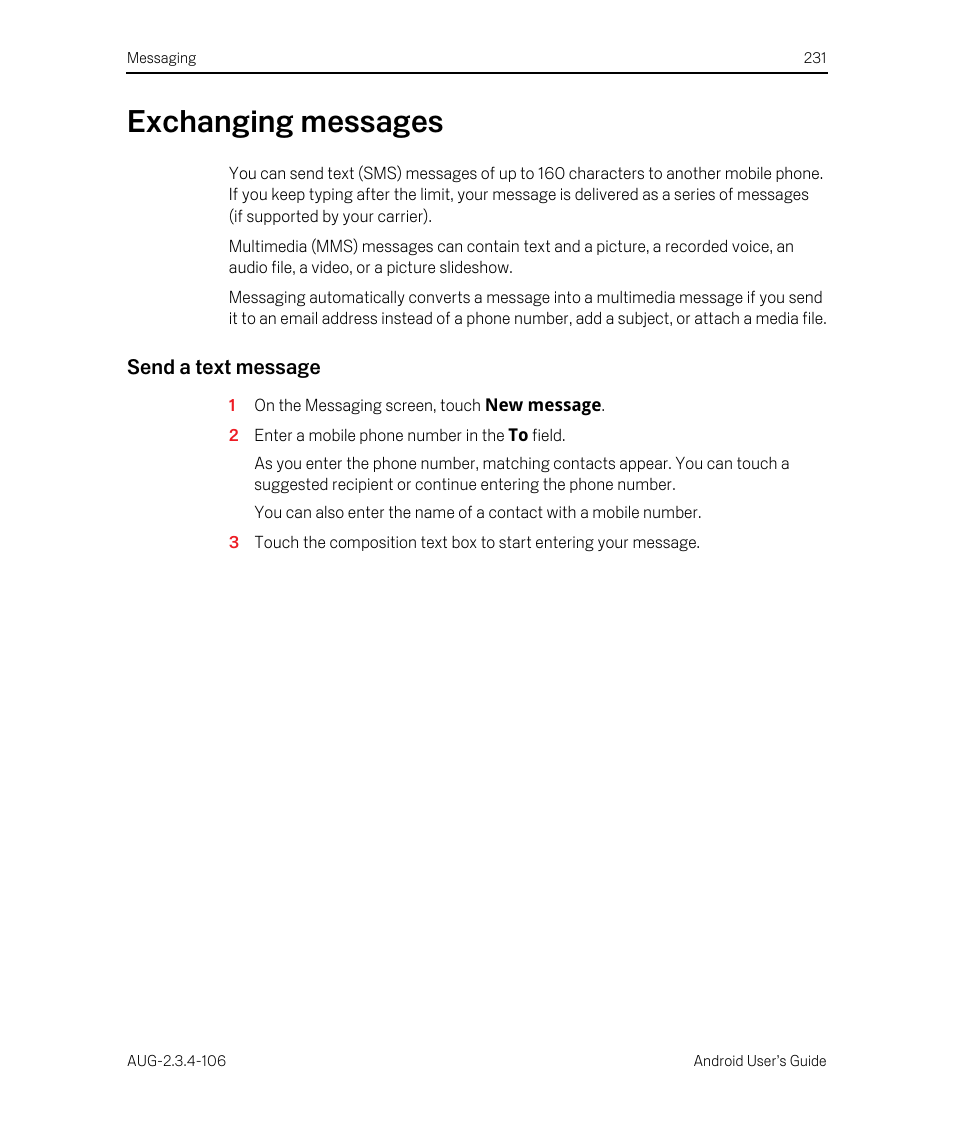 Exchanging messages, Send a text message, Exchanging messages 231 | Google Android 2.3.4 Users Guide User Manual | Page 231 / 384