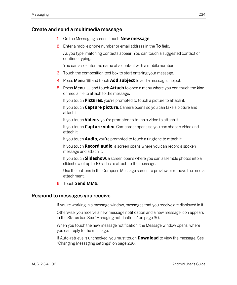 Create and send a multimedia message, Respond to messages you receive | Google Android 2.3.4 Users Guide User Manual | Page 234 / 384