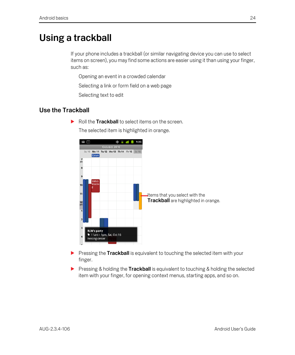 Using a trackball, Use the trackball, Using a trackball 24 | Google Android 2.3.4 Users Guide User Manual | Page 24 / 384