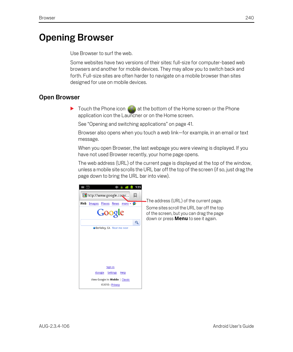 Opening browser, Open browser, Opening browser 240 | Google Android 2.3.4 Users Guide User Manual | Page 240 / 384